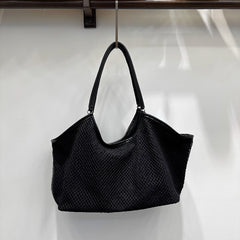 Striped Mesh Splicing Leather Tote Bag with Long Shoulder Strap