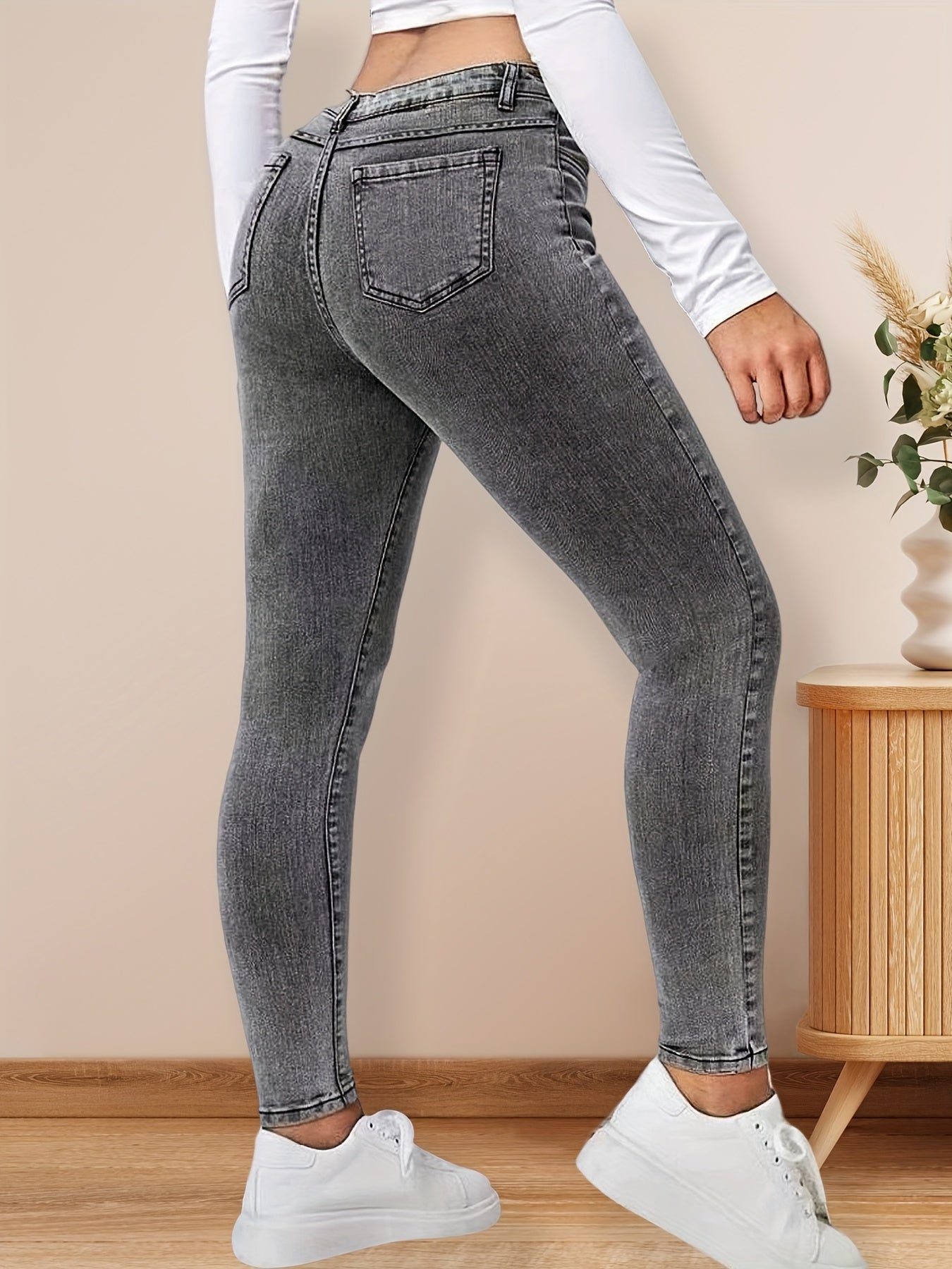 Grey Stretch Skinny Jeans Slash Pocket Zipper Button Closure Denim Pants