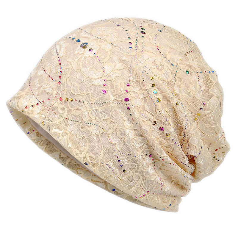 Hotfix Rhinestone Embossed Lace Beanie Hat Solid Skull Cap