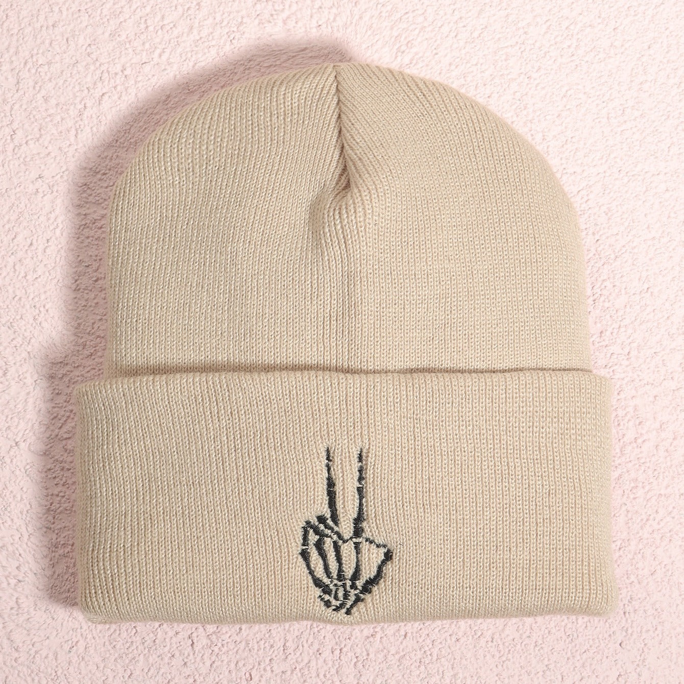 Men's Victory Sign Skull Knit Beanie Hat