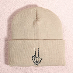 Men's Victory Sign Skull Knit Beanie Hat