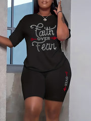 Women's Plus Rhinestone Letter Tee & Shorts Outfit Set