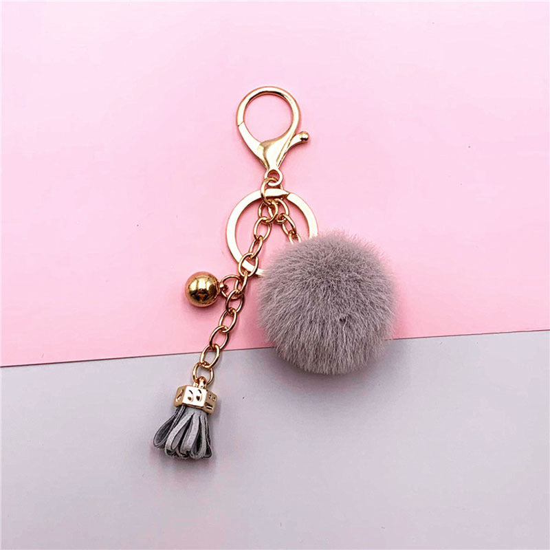 Funny Plush Ball Keychain with Bowknot Tassel Fruit Snap Hook