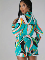 Holiday Abstract Print Set Tie Front Shirt & Shorts Outfit