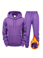 Men's Solid 2pcs Casual Loose Comfy Hoodie And Drawstring Waist Sweatpants Set