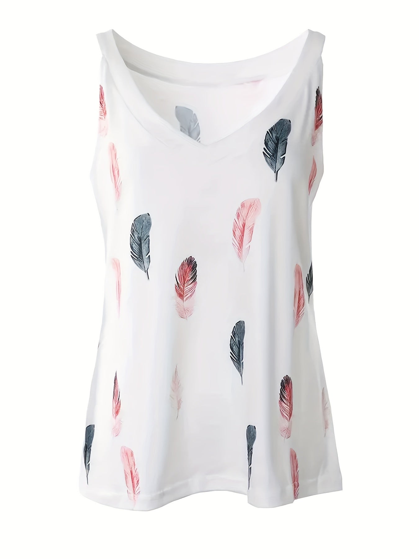 Feather Print V Neck Top Casual Summer Sleeveless Top