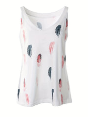 Feather Print V Neck Top Casual Summer Sleeveless Top