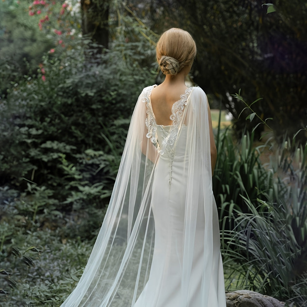 Bridal Wedding Veil Capelet Sheer Lace with Lace Trim Flowing Train