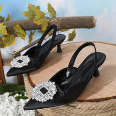 Rhinestone Kitten Heels Satin Slingback Low Heels Evening Sandals