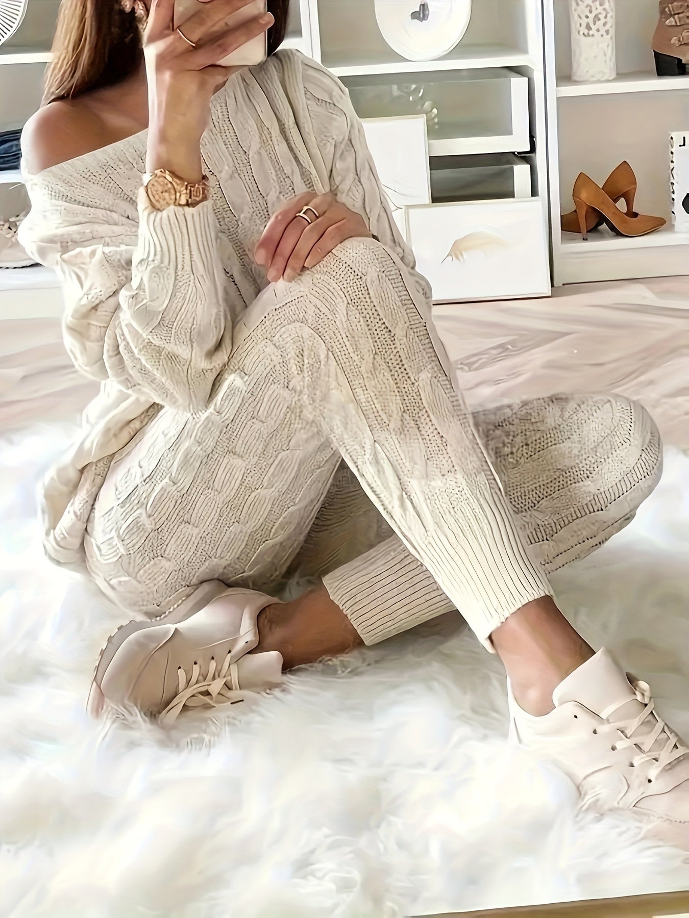One Shoulder Cable Knit Jumper & Pants Set