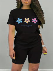 2pcs Flower Graphic Short Sleeve T shirts & Shorts Women's Activewear