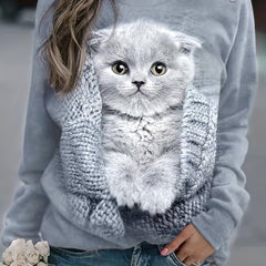Cat Print Pullover Sweatshirt Crew Neck Fall Winter Women's Clothing