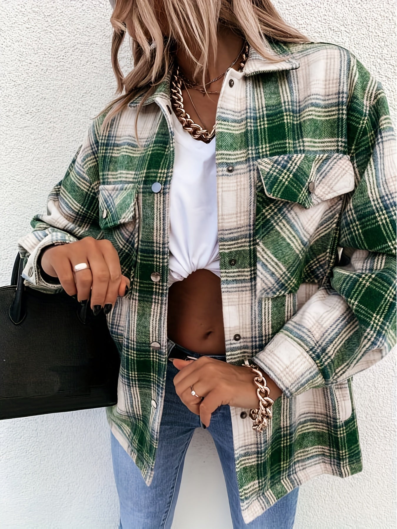 Brown Plaid Shirt Jacket Loose Casual Plaid Shacket For Spring & Fall