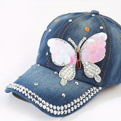 Sequin Butterfly Baseball Cap Rhinestone Denim Sports Hat Women's Dad Hats