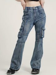 Flap Pockets Cargo Pants High Waist High Stretch Y2K Style Pintuck Jeans