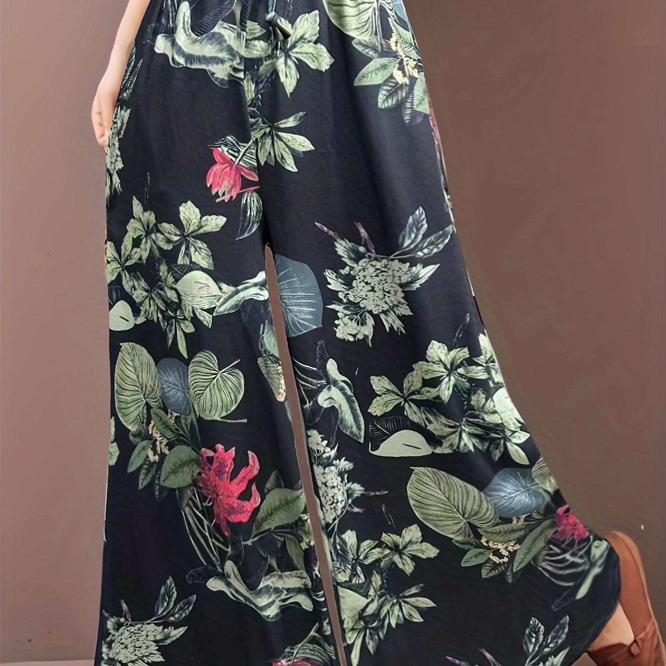 Floral Print Wide Leg Pants Drawstring Waist Casual Comfy All Season
