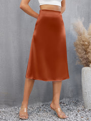 Satin Midi Skirt High Waist Solid Casual Skirt