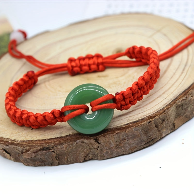 Green Jade Peace Buckle And Red Rope Bracelet