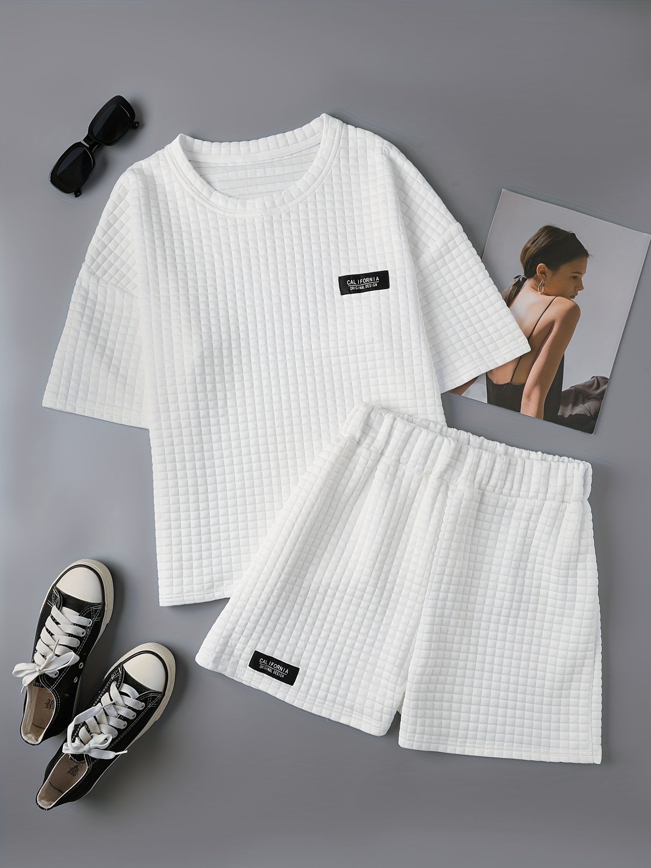 Waffle Casual Two piece Set T shirt & Shorts Women's Clothing