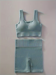 Women's Ribbed U Neck Sports Bra & Shorts Set for Yoga & Fitness