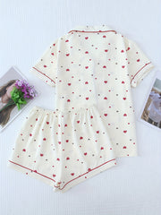 Heart Print Pajamas Set Short Sleeve Buttons Top & Shorts