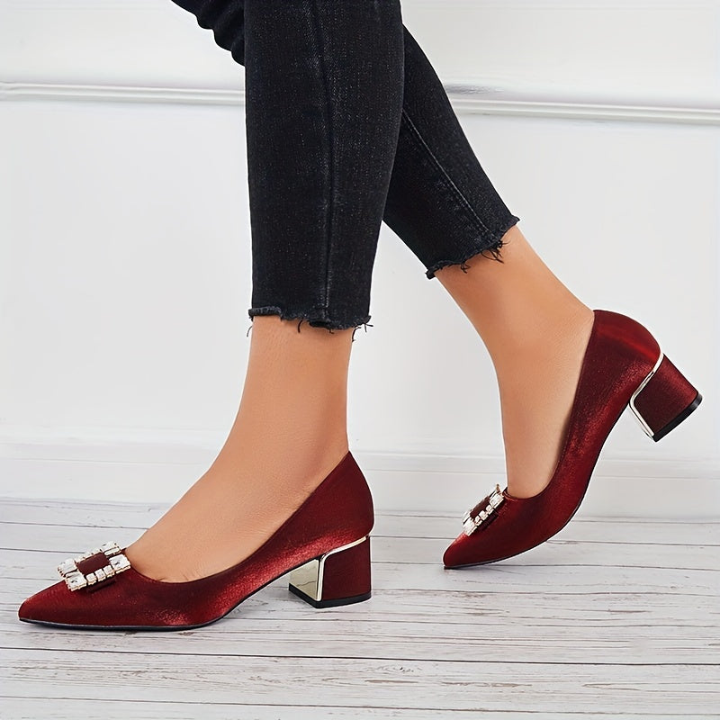 Chunky Heel Satin Pumps Rhinestone Pointed Toe Mid Heels