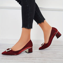 Chunky Heel Satin Pumps Rhinestone Pointed Toe Mid Heels