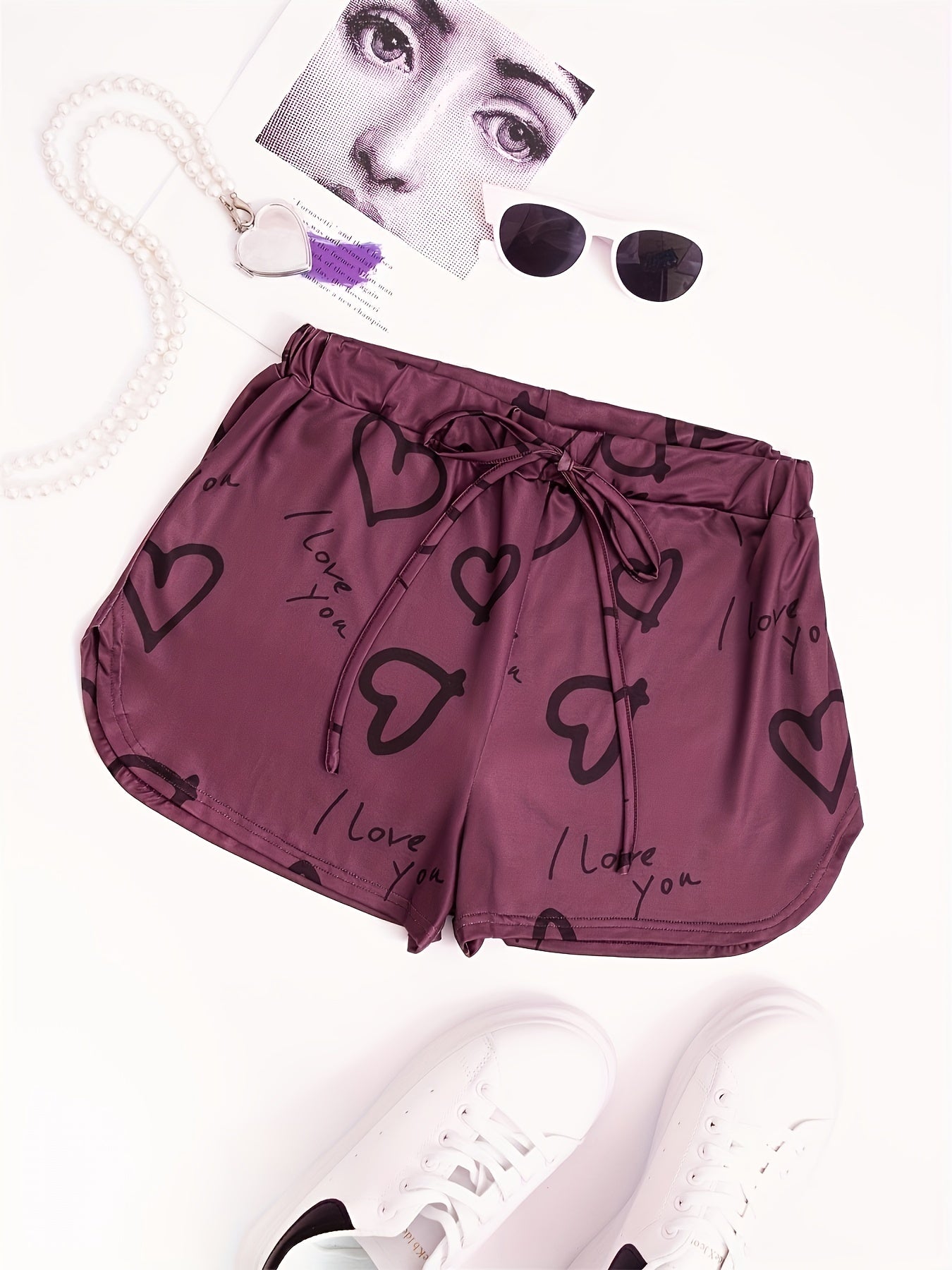 Heart Print Drawstring Shorts for Women