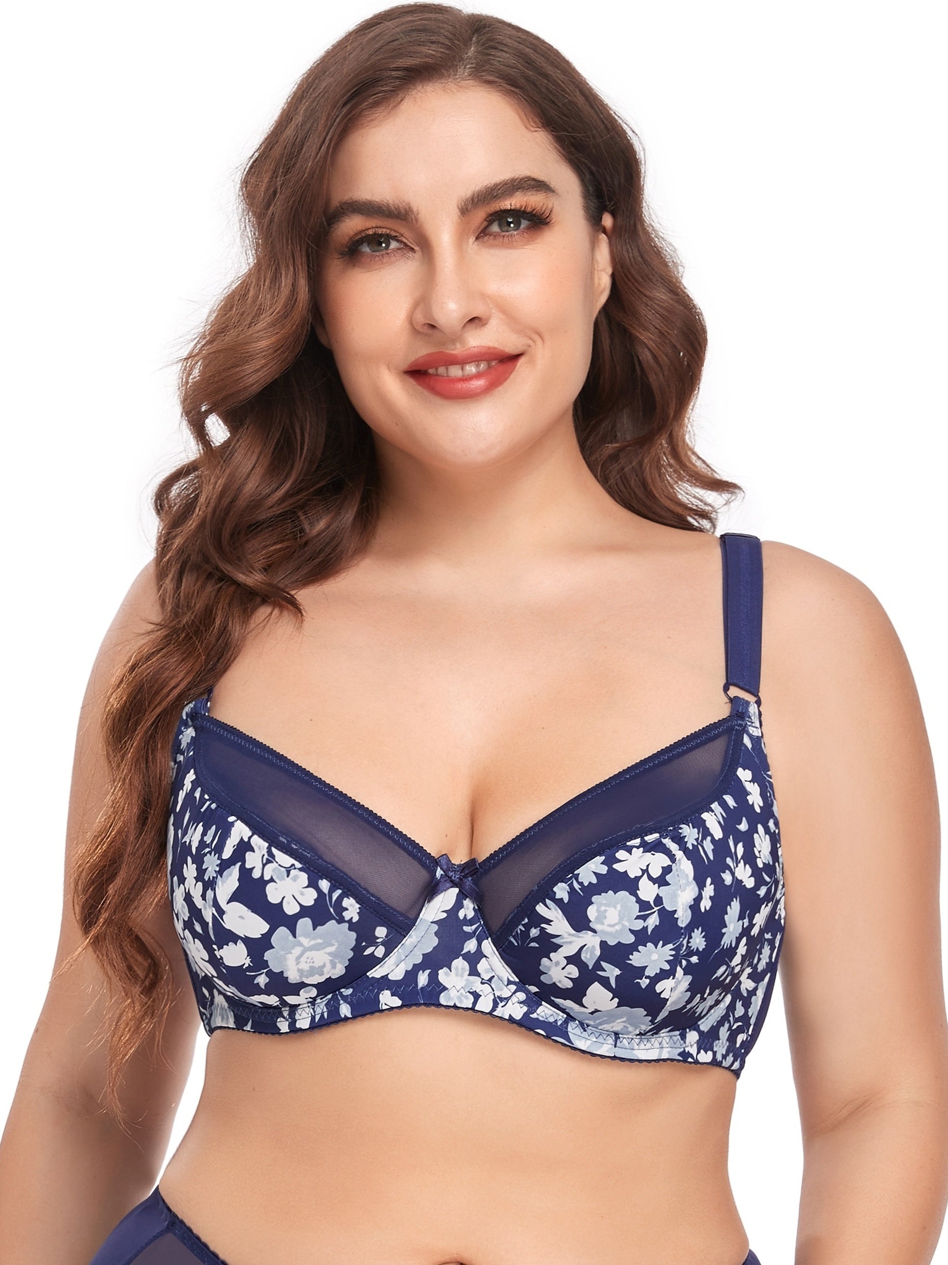 Contrast Lace Floral Print Sheer Underwire Bra Plus Size Full Coverage Bralette