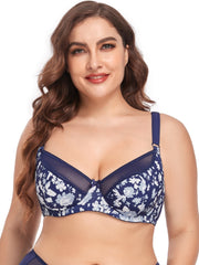 Contrast Lace Floral Print Sheer Underwire Bra Plus Size Full Coverage Bralette