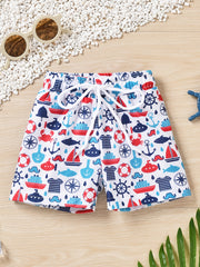 Boys Cartoon Print Drawstring Waist Shorts Swimsuit Trunk