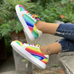 Women's Rainbow Print Lace Up Round Toe Flat Sneakers