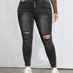 Solid Washed Ripped Button Up Skinny Jeans Plus Size