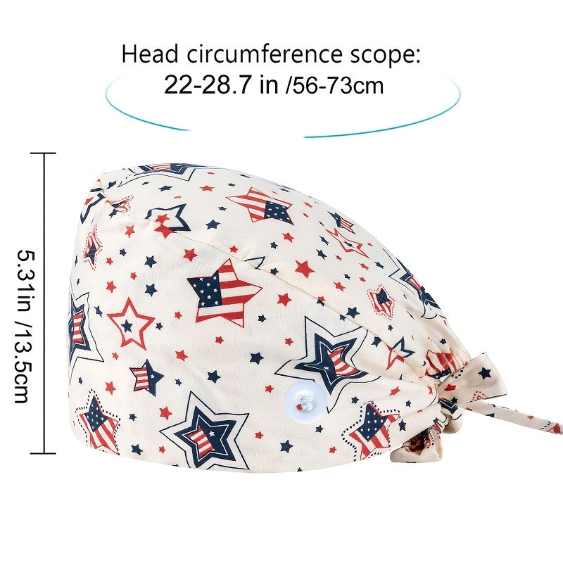 Cartoon Print Work Hat Adjustable Nurse Hat With Buttons Elastic Scrub Cap