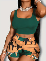 Sexy 2pc Set Sleeveless Tank Top & Geo Print Shorts Outfit