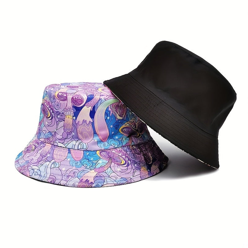 Purple Mushroom Print Bucket Hat Sunscreen Vacation Fisherman Cap