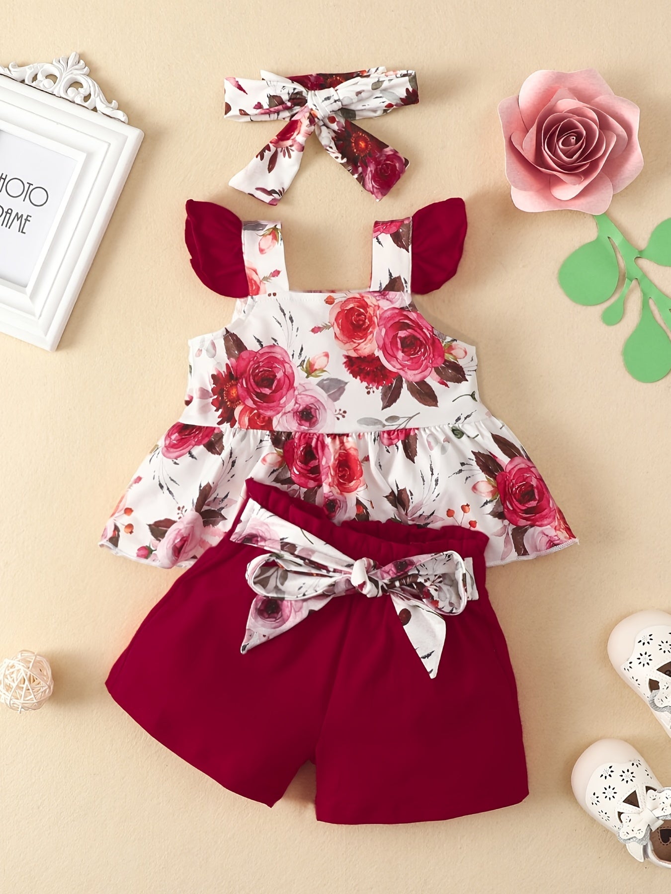 Baby Girls Rose Print Peplum Top & Shorts Set with Headband