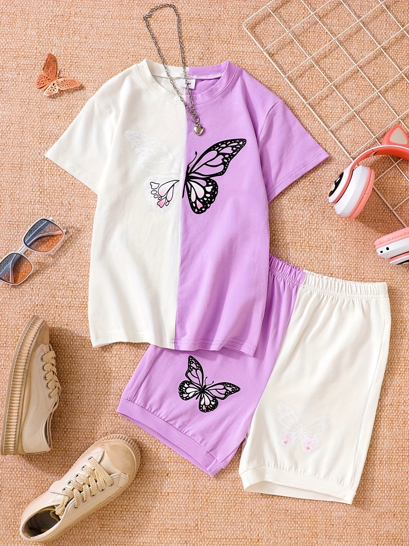 Girls Butterfly Graphic T Shirts & Shorts Set Kids Summer Clothes