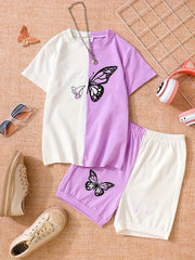 Girls Butterfly Graphic T Shirts & Shorts Set Kids Summer Clothes