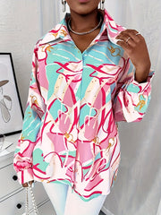 Casual Blouse Women's Plus Allover Print Button Up Long Sleeve