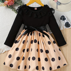 Toddler Girls Polka Dot Lace Trim Princess Dress For Party Beach Vacation