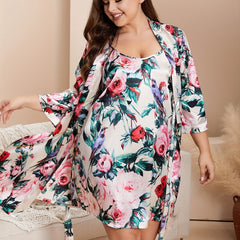 Rose Print Pajama Set - Long Sleeve Robe & Cami Nightdress