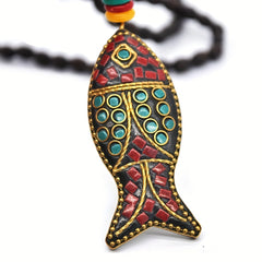 Vintage Nepal Ethnic Style Fish Pendant Long Beaded Necklace