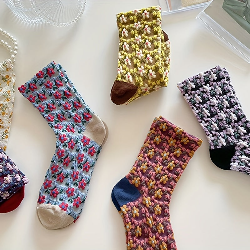 5 Pairs 3D Floral Textured Socks Womens Mid Tube Stockings
