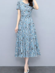 Floral Print Chiffon Dress Crew Neck Short Sleeve Casual Dress