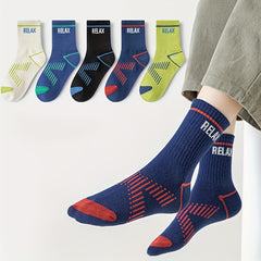 5 Pairs Boy's Striped Letter Crew Socks Cotton Blend Comfy Casual Style