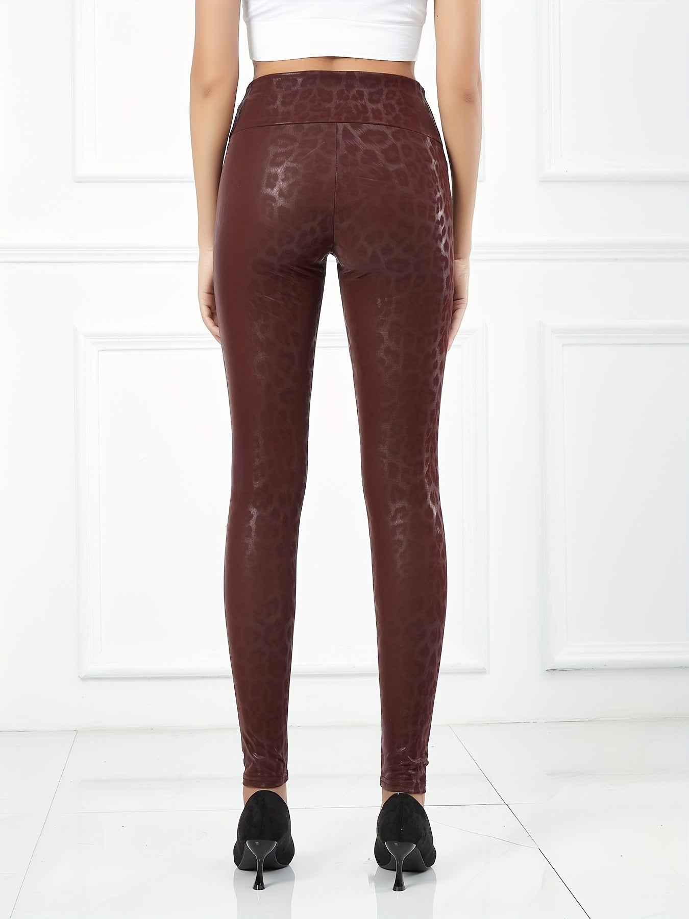 Leopard Print Faux PU Leather Sports Leggings High Waist Running Yoga Skinny Pan