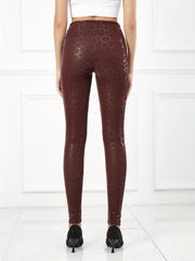 Leopard Print Faux PU Leather Sports Leggings High Waist Running Yoga Skinny Pan