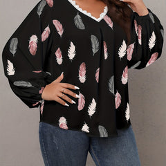 Feather Print Lace Sleeve V Neck Top