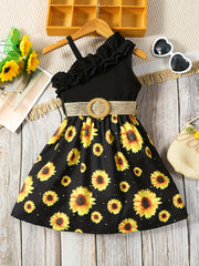 Toddler Girls Ruffle Trim Sunflower Dress Belted Princess Dress